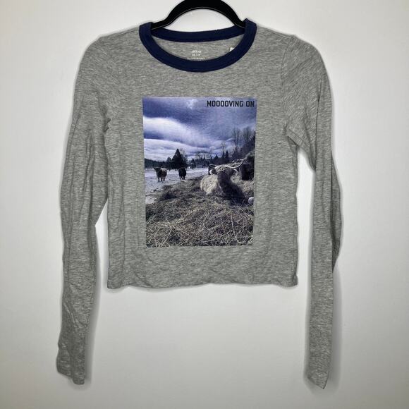 NWT AERIE Moooving On Highland Cow Long Sleeve Ringer Tee Gray XS - Picture 1 of 4